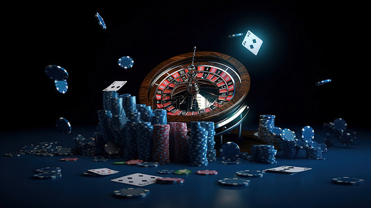 命运背景图片_深蓝色背景上带有 ace 扑克牌筹码和骰子的轮盘赌的 3d 渲染