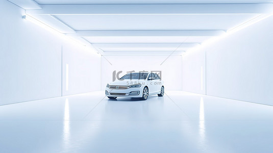 白色塑料汽车的 3D 渲染，在简约的白色空间中设置蓝光照明