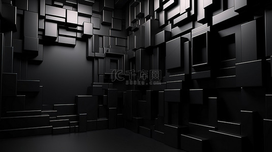 几何墙抽象黑色背景的 3d 渲染