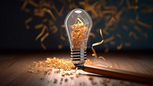 灯泡照在一堆铅笔屑上，并带有创意概念 3D 渲染