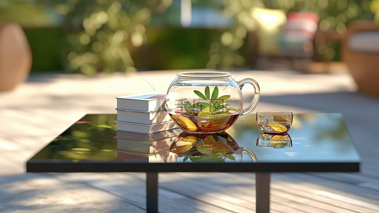 时尚的户外生活，咖啡桌上有玻璃杯的 3D 插图