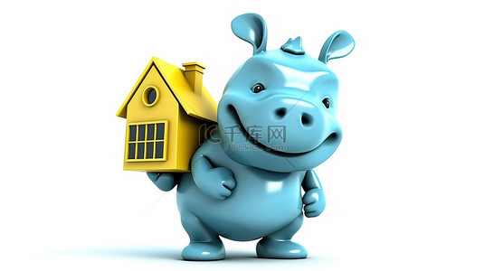 犀牛图标背景图片_可爱的 3D 犀牛伙伴抓着微型房子图标