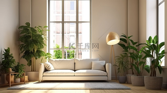 阳光明媚的客厅配有豪华沙发郁郁葱葱的盆栽植物别致的咖啡桌时尚的落地灯和宽敞的窗户3D 渲染插图