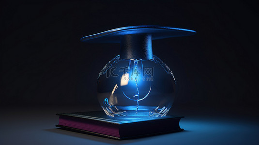 蓝色大学生背景图片_带有毕业帽 3d 渲染的蓝色灯泡