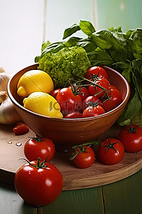碗里的蔬菜背景图片_板上绿色碗里的西红柿蔬菜和蔬菜