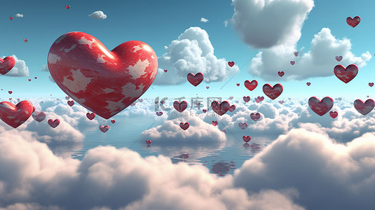 情人节爱心玫瑰背景背景图片_3d 云围绕着可爱的心呈现出喜悦