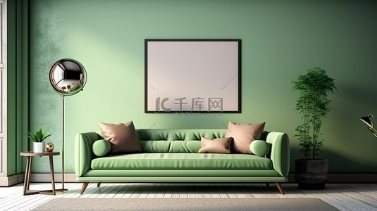 现代客厅的 3D 渲染，配有浅绿色沙发咖啡桌和海报框架
