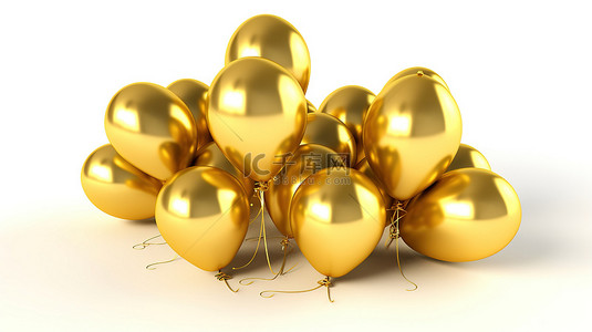 气球模板背景图片_3D 插图中的金色气球令人惊叹地展示了 20 个白色的气球