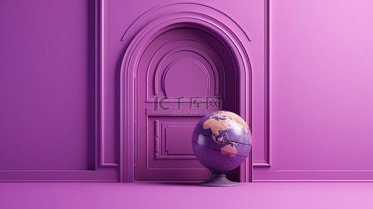 逼真的 3D 矢量插图地球仪和拱形门在充满活力的紫色背景下
