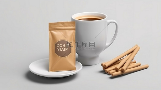 咖啡品牌背景图片_咖啡杯和牛皮纸棒香包模型 3D 渲染的独立包装