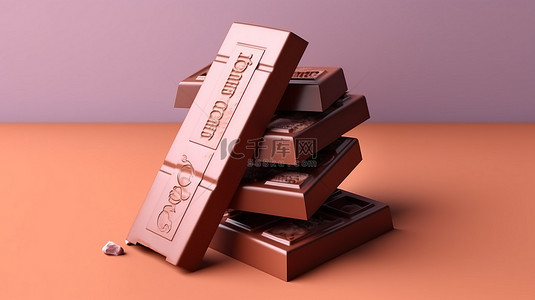 带有产品造型的铝箔包装巧克力零食棒的 3D 插图