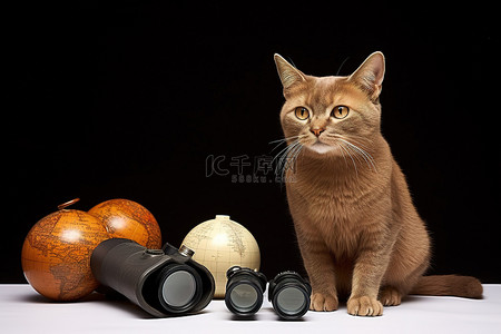 双筒望远镜旁边的一只棕色猫