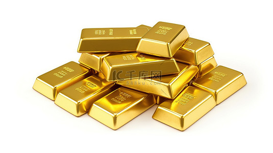 货币金融背景背景图片_白色背景 3D 渲染的金条或金锭隔离堆