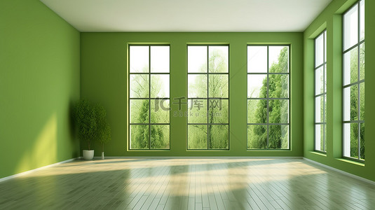 地板窗户背景图片_3D 渲染的宽敞房间，配有绿色墙壁油漆和高大的窗户