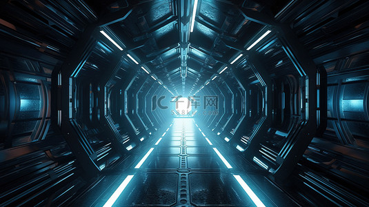 未来派太空飞船走廊的背景插图，带有 3D 渲染的外星人扭曲