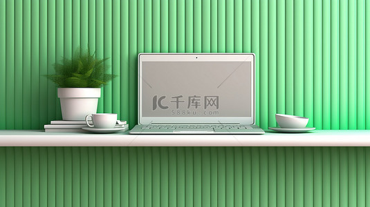 带笔记本电脑的垂直绿色架子的 3D 插图