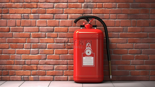 应急消防标志背景图片_壁挂式应急储物箱，配有 3D 渲染的红色灭火器，靠在砖墙上