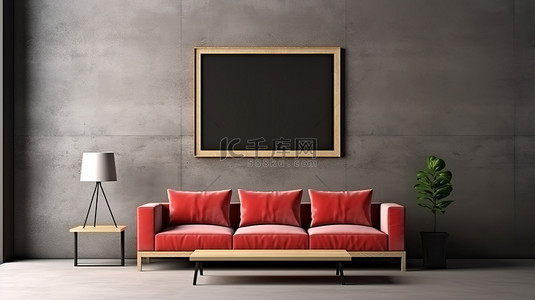 红色沙发和黑色咖啡桌的 3D 渲染，黑色墙壁上有一个模拟海报框架，阳光照射在未加工的混凝土地板上