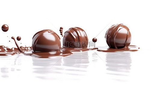 白色巧克力蛋糕背景图片_3d 渲染中的巧克力在白色背景下失重地盘旋