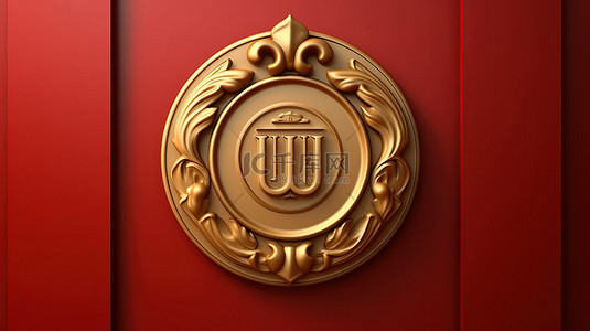 大学徽章在优雅的红板上发光的金色符号社交媒体图标的 3D 插图