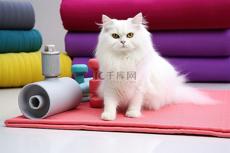 一只白猫坐在明亮的垫子上，周围摆满了运动器材