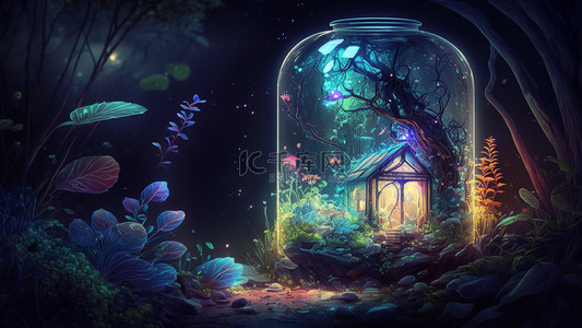 玻璃瓶小屋森林梦幻背景