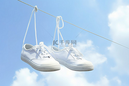 白鞋背景图片_挂在晾衣绳上的两只白鞋