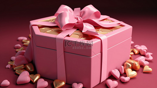 情人节礼物是一个 3D 粉色礼盒，上面装饰着金丝带和心形