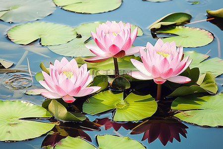 一个池塘，里面有 3 朵粉红色的莲花和叶子
