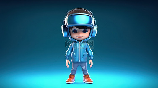 视频背景图片_戴着虚拟现实耳机的卡通儿童的欢快 3D 插图