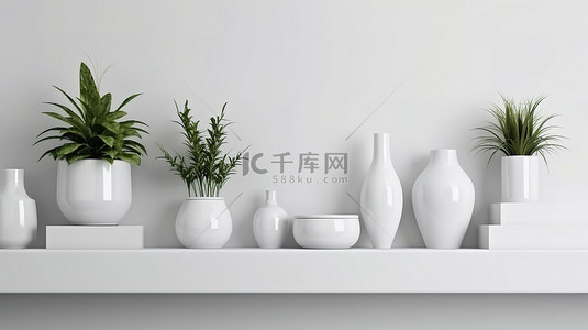 盆栽植物植物背景图片_白色架子上展示的盆栽植物 3d 渲染图