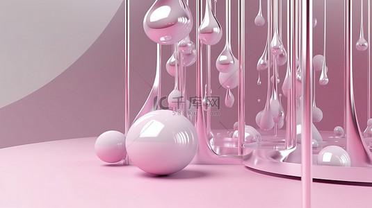 3D 渲染中的简约现代抽象背景，具有柔和的粉红色液体滴和银环