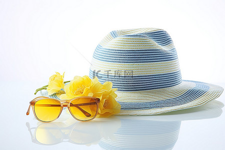 白色背景照片上的帽子和太阳镜