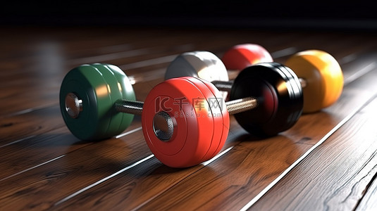 铁哑铃是一种重量级健身器材，适用于健康肌肉发达的身体 3D 渲染图像
