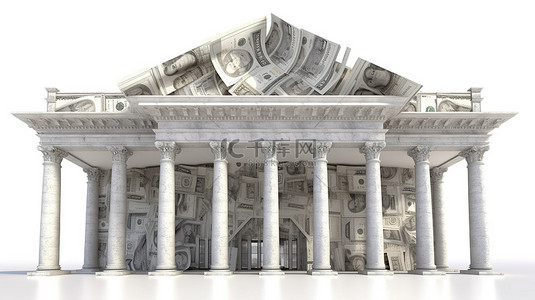 白色背景上带有裸露屋顶和纸币的银行结构的 3D 渲染
