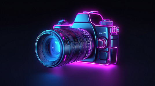 霓虹灯 3D 渲染的 ui ux 界面元素中发光的深色数码摄像机图标