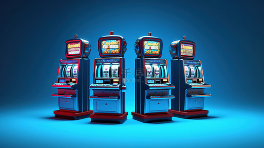 桌卡蓝色背景图片_3D 渲染逼真的老虎机，在蓝色背景下的在线赌场免费旋转