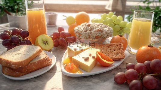 橙汁背景图片_营养早餐，包括新鲜葡萄橙汁面包奶酪和各种水果，以 3D 技术精心渲染
