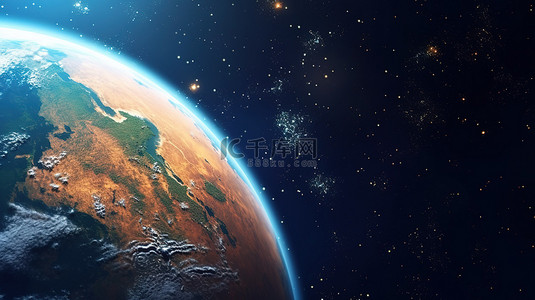 星星夜晚背景图片_令人惊叹的 3D 渲染地球在外太空的特写镜头，周围环绕着美国宇航局提供的闪闪发光的星星