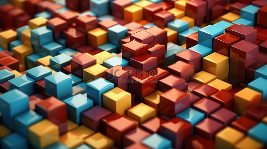 特写抽象插图 3D 渲染中色彩鲜艳的立方体