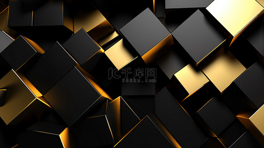 具有角度设计的几何黑色和金色背景壁纸的 3D 渲染