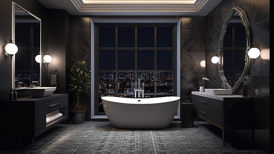 现代经典豪华浴室夜景与高端瓷砖 d cor 在 3d 渲染