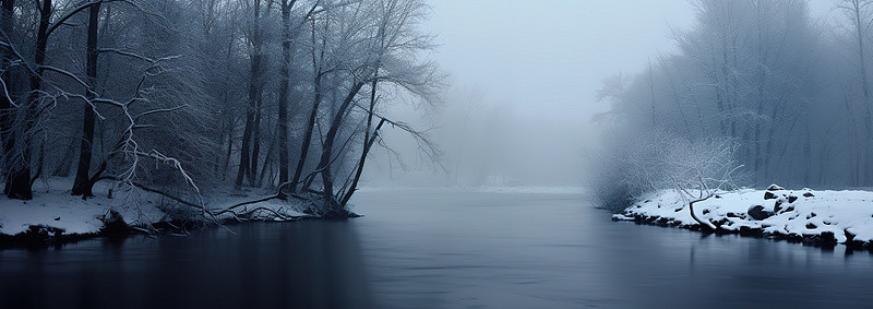 白雾背景图片_一条白雾缭绕的河流，树木被雪覆盖