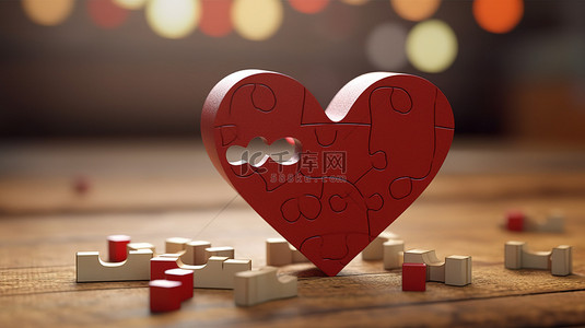 情人节心形拼图，带有浪漫的信息和 3D 渲染的模糊背景