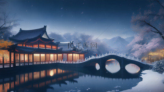 中国古风背景图片_庭院小桥湖水远山