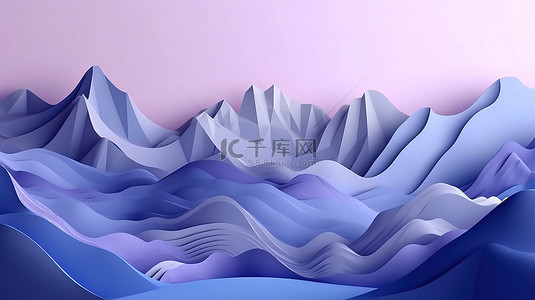 纸张设计中蓝色和淡紫色山脉和云彩的令人惊叹的 3D 插图