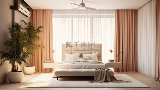 带空调的现代卧室 3D 渲染内饰，灯光照明