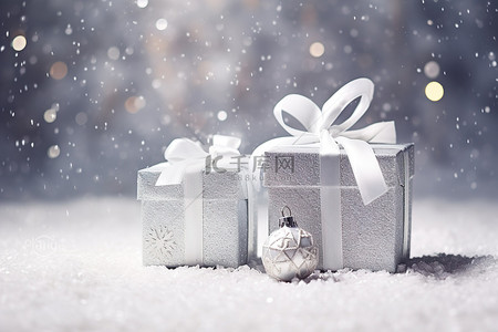 背景银背景图片_银色背景雪花后面设置的两个礼品盒