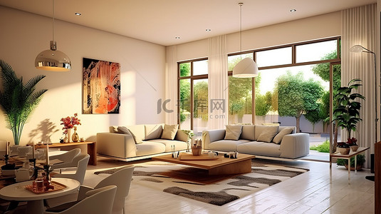 白色窗户背景图片_现代家居设计 3D 插图展示优雅的客厅内部