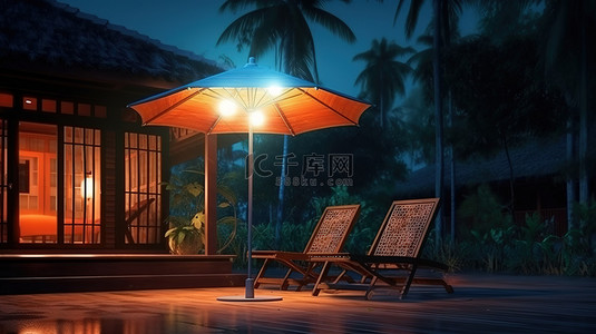 木屋背景下带雨伞的户外躺椅的夜间 3D 插图